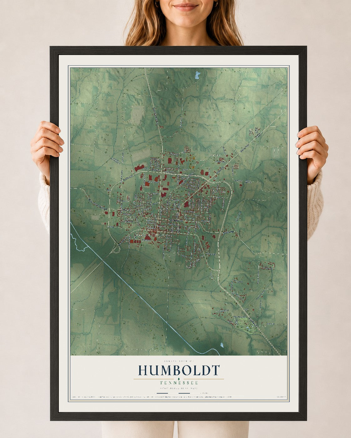 Map of Humboldt, Tennessee, 24 x 36 inch print in a black wood frame