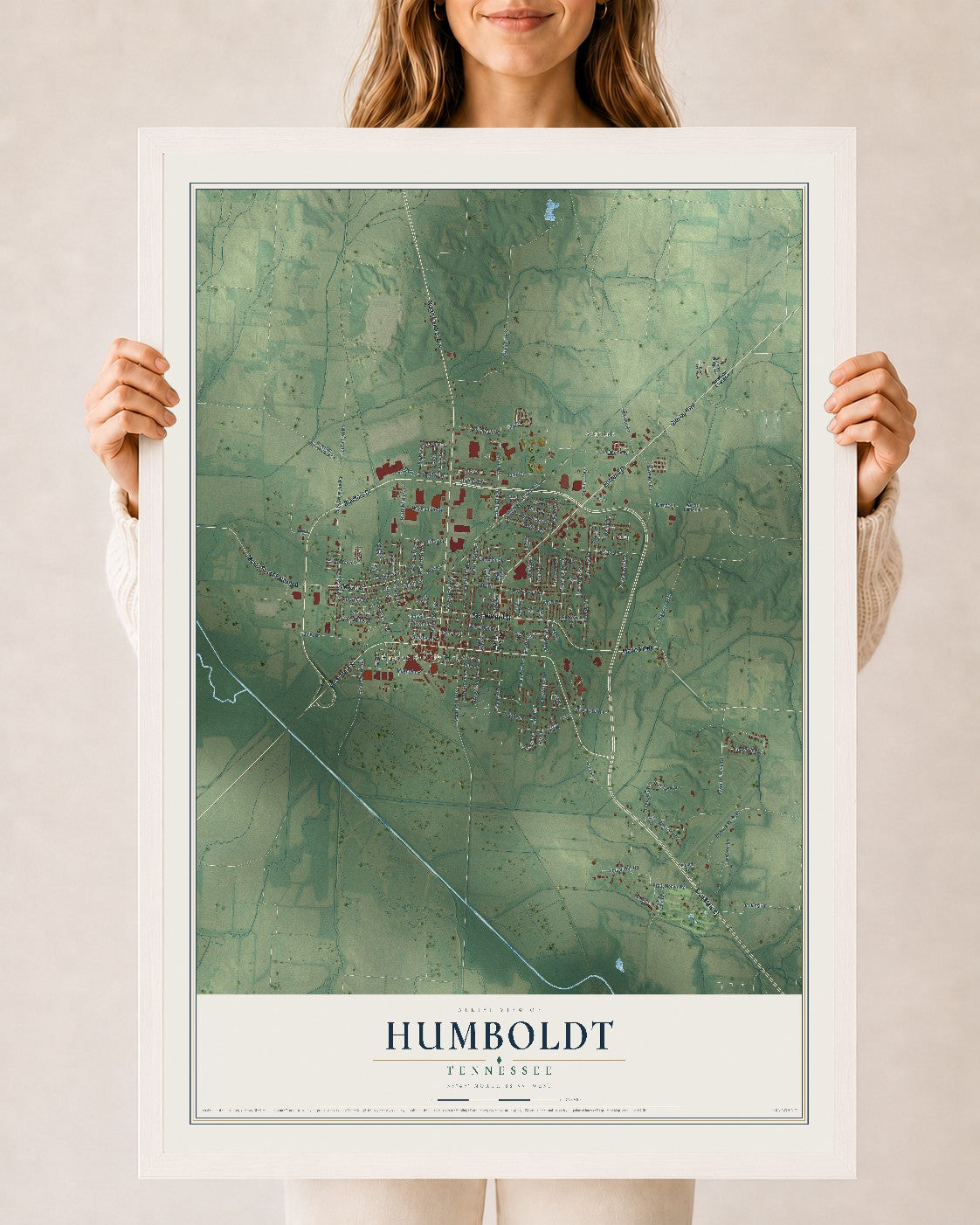 Map of Humboldt, Tennessee, 24 x 36 inch print in a white wood frame