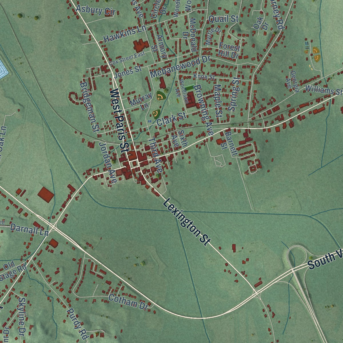Close-up of the map of Huntingdon, Tennessee print showing street and building detail