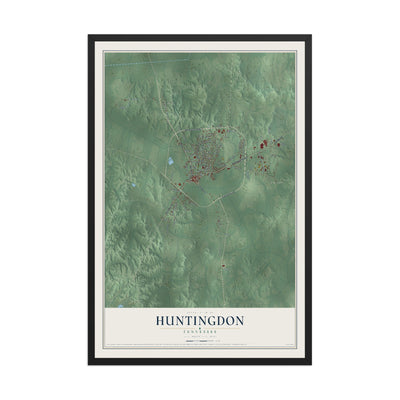 Map of Huntingdon, Tennessee, 12 x 18 inch print in a black wood frame