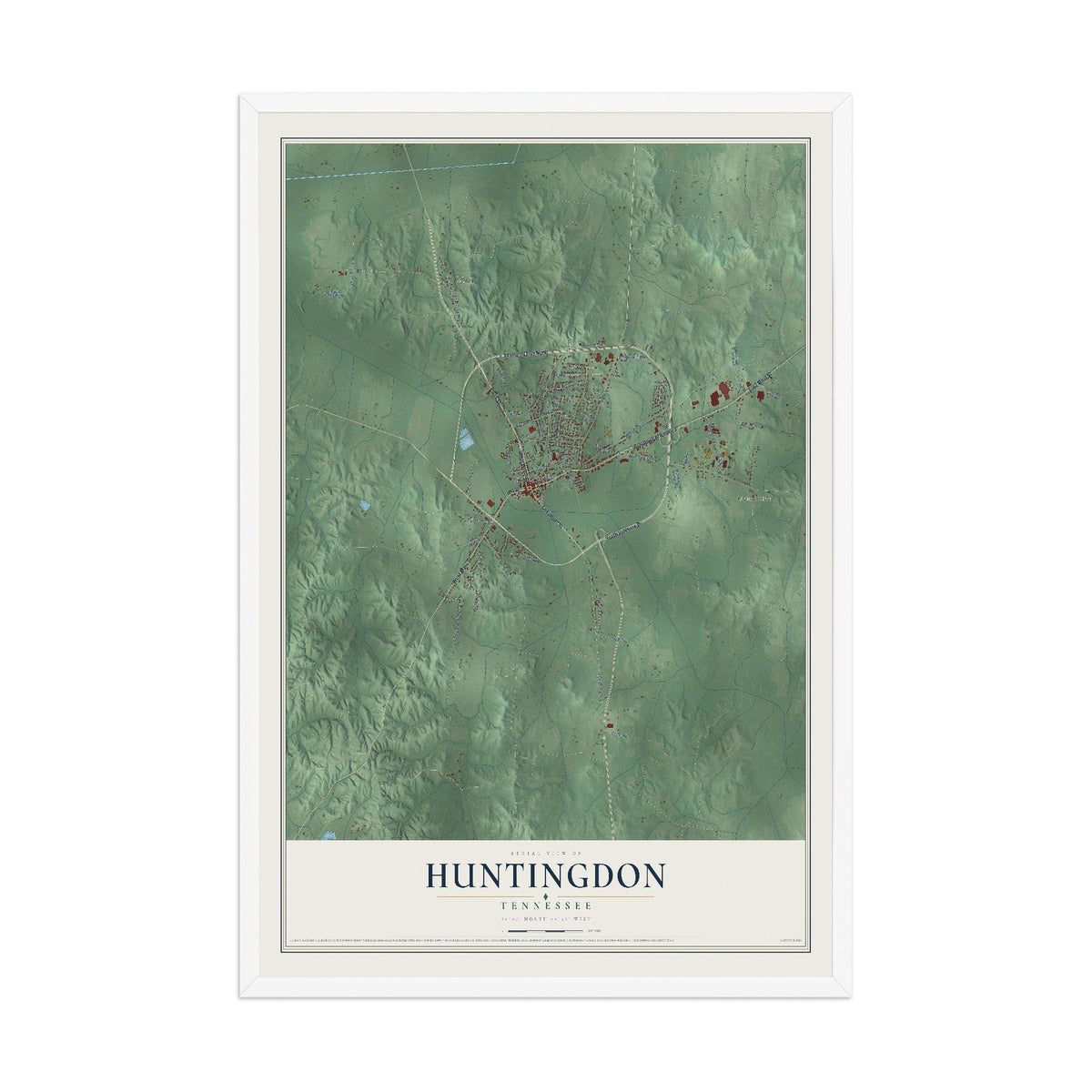 Map of Huntingdon, Tennessee, 12 x 18 inch print in a white wood frame