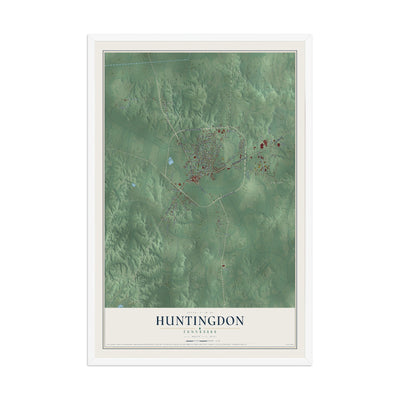 Map of Huntingdon, Tennessee, 12 x 18 inch print in a white wood frame