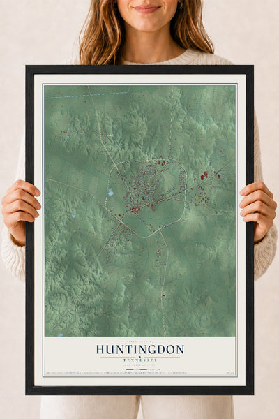 Map of Huntingdon, Tennessee, 18 x 24 inch print in a black wood frame