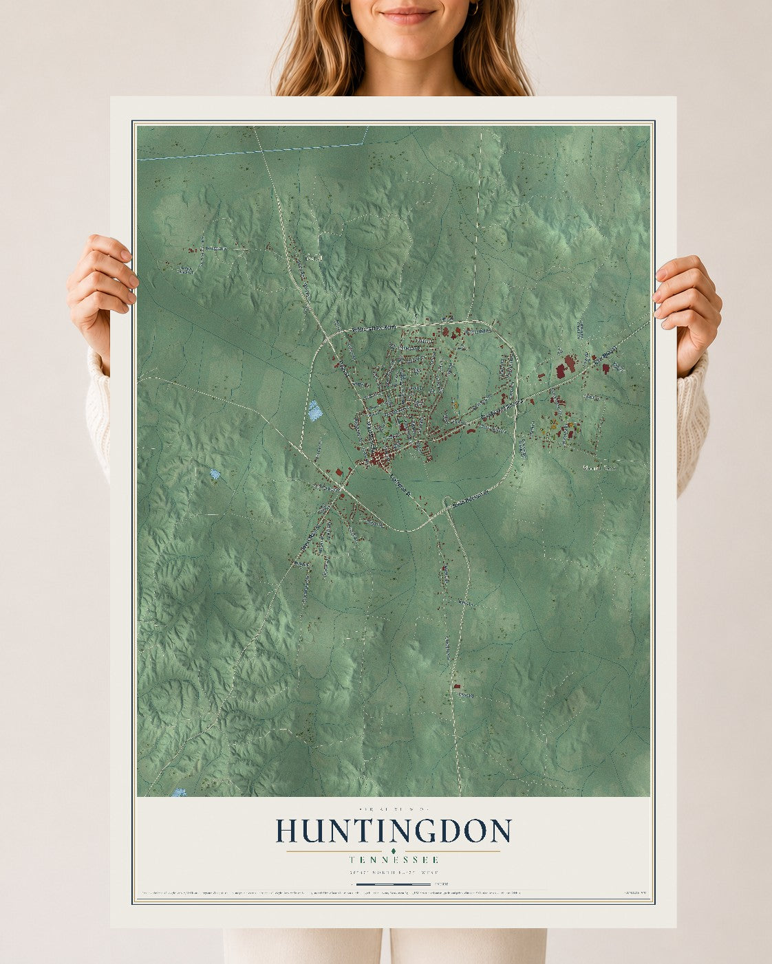 Map of Huntingdon, Tennessee, 24 x 36 inch unframed archival matte print