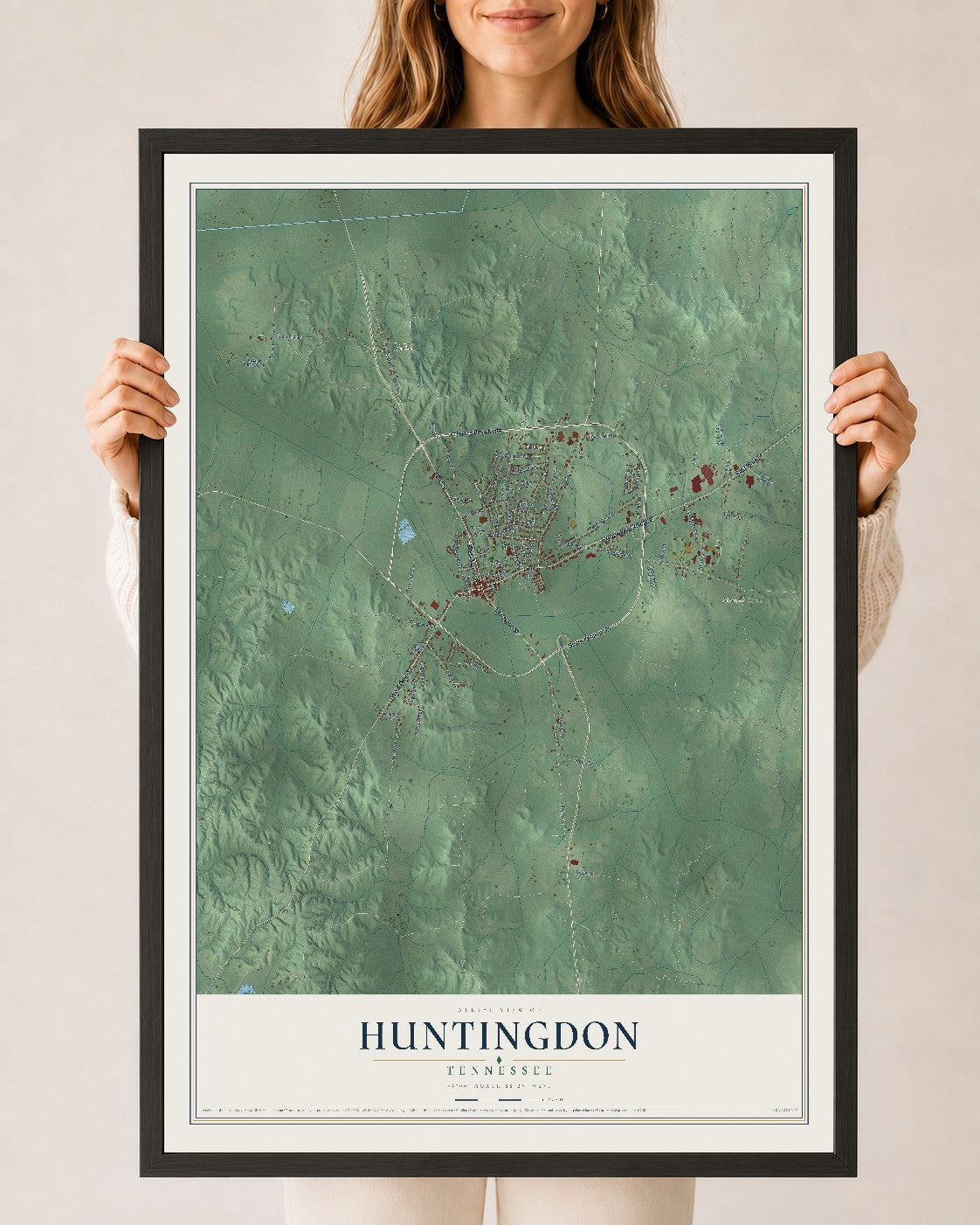 Map of Huntingdon, Tennessee, 24 x 36 inch print in a black wood frame