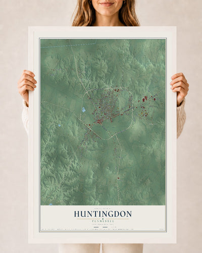 Map of Huntingdon, Tennessee, 24 x 36 inch print in a white wood frame