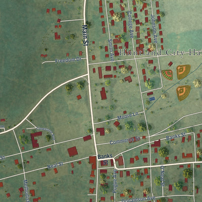 Close-up of the map of Huntland, Tennessee print showing street and building detail