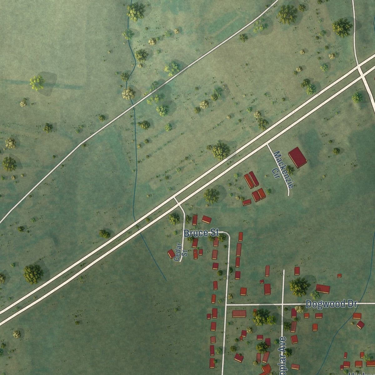 Second close-up of the map of Huntland, Tennessee print showing more streets and buildings