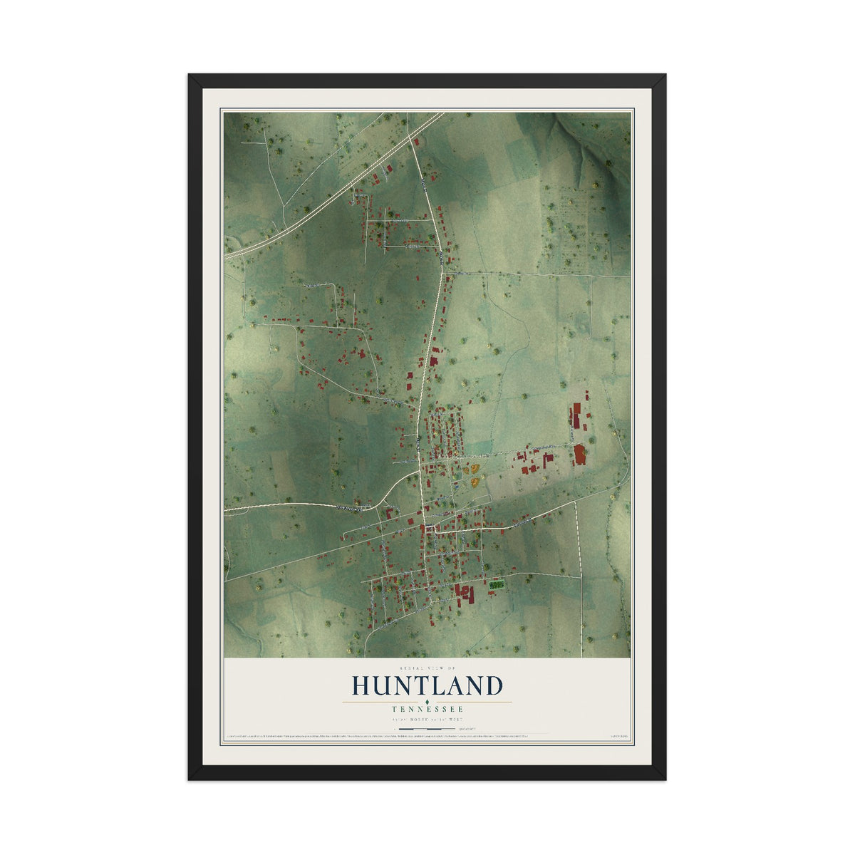 Map of Huntland, Tennessee, 12 x 18 inch print in a black wood frame