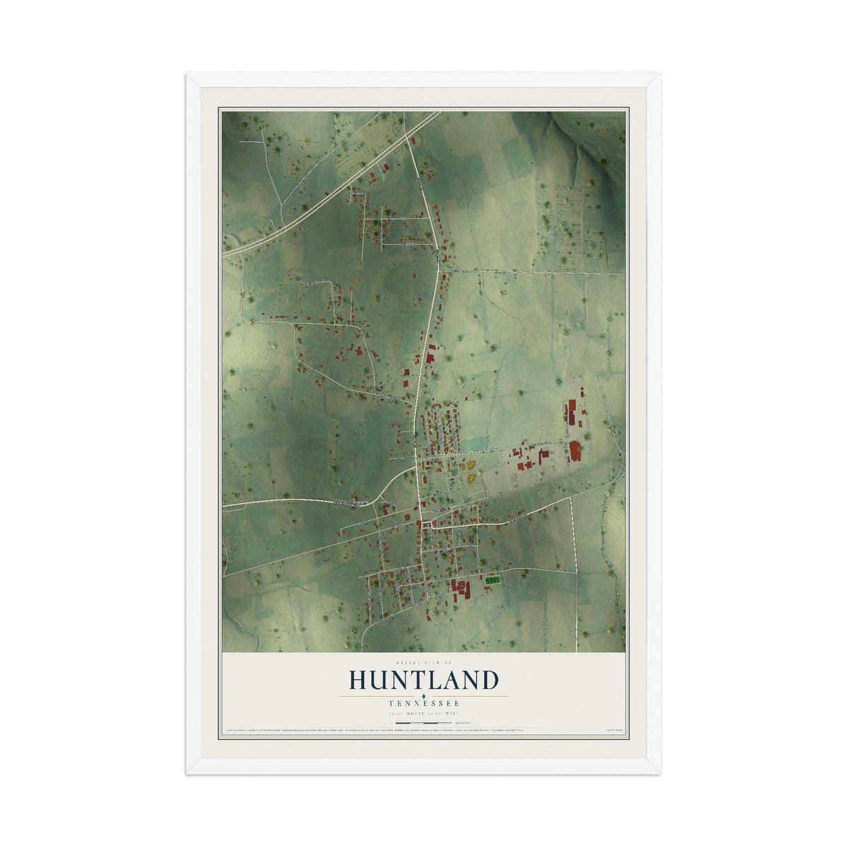Map of Huntland, Tennessee, 12 x 18 inch print in a white wood frame