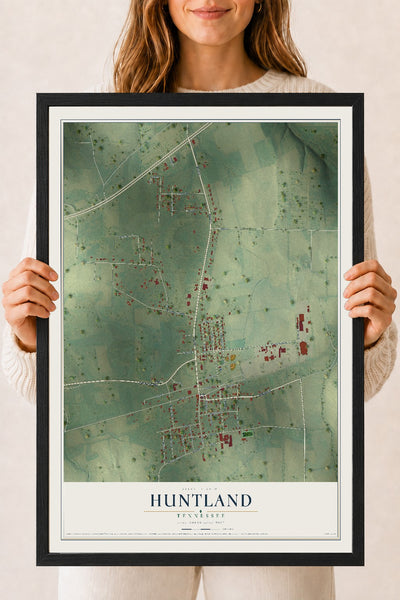 Map of Huntland, Tennessee, 18 x 24 inch print in a black wood frame