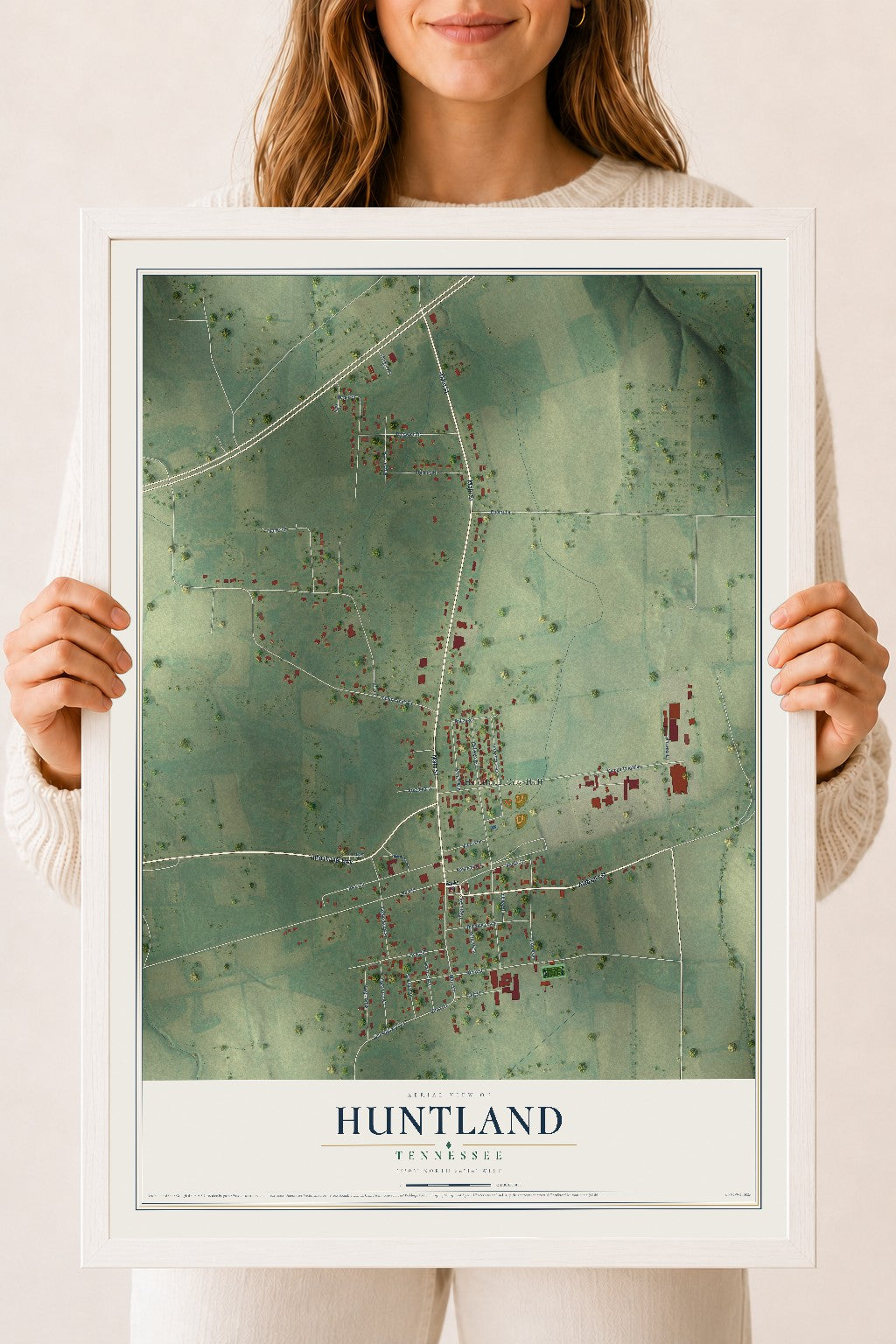 Map of Huntland, Tennessee, 18 x 24 inch print in a white wood frame