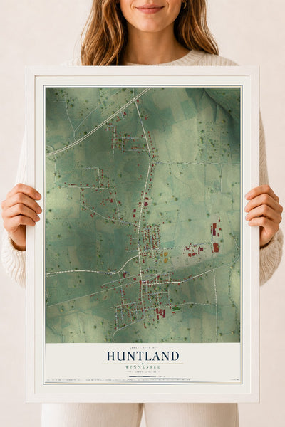 Map of Huntland, Tennessee, 18 x 24 inch print in a white wood frame