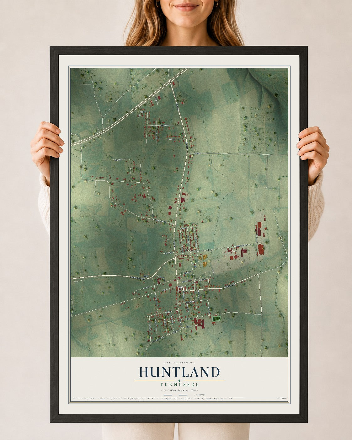 Map of Huntland, Tennessee, 24 x 36 inch print in a black wood frame