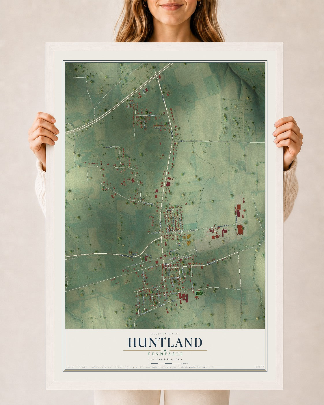Map of Huntland, Tennessee, 24 x 36 inch print in a white wood frame