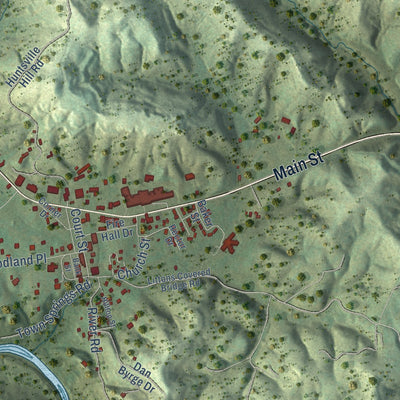 Close-up of the map of Huntsville, Tennessee print showing street and building detail