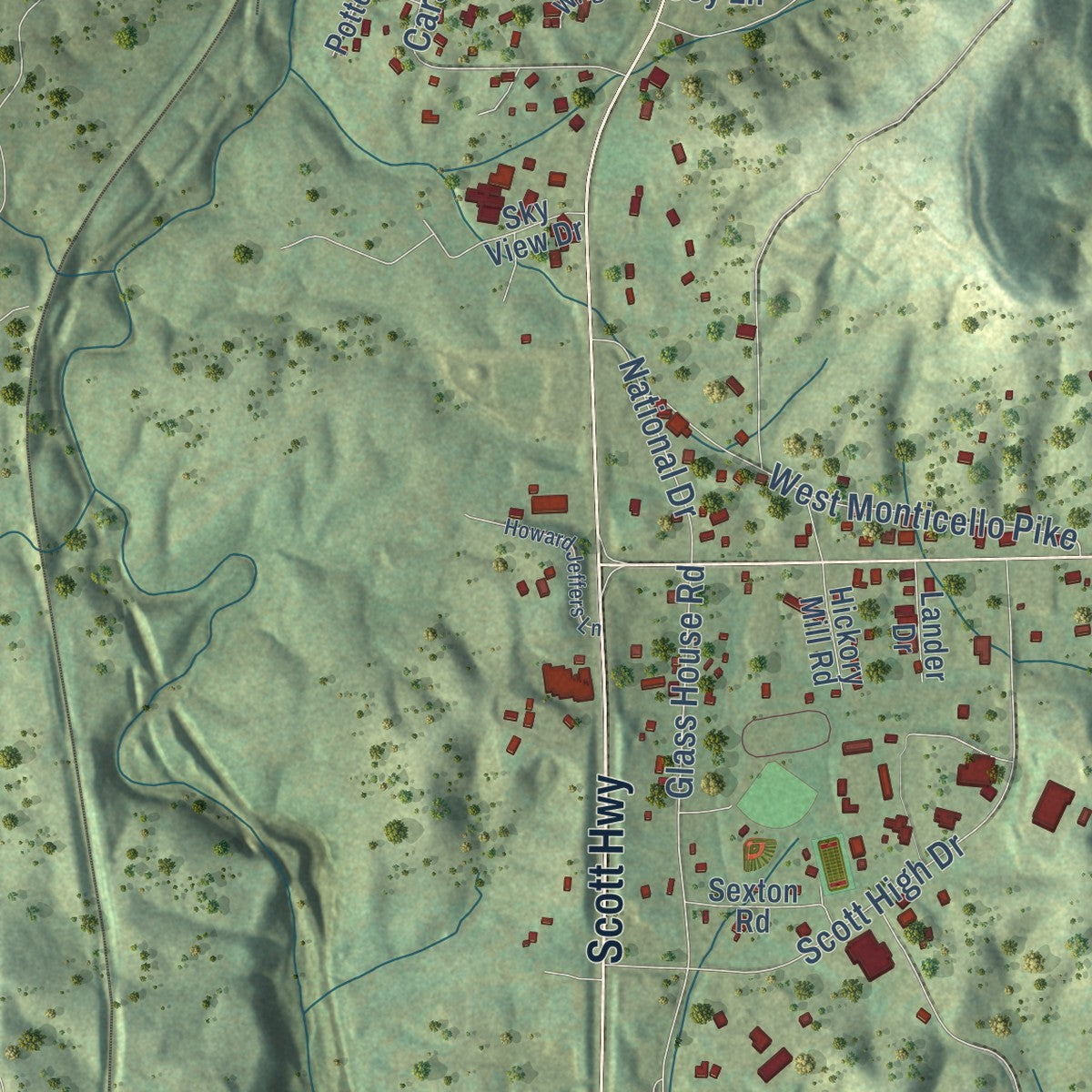 Second close-up of the map of Huntsville, Tennessee print showing more streets and buildings