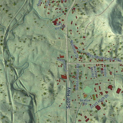 Second close-up of the map of Huntsville, Tennessee print showing more streets and buildings