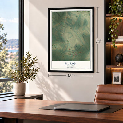 Huron, Tennessee map, 18 x 24 inch print in a black frame in a home office