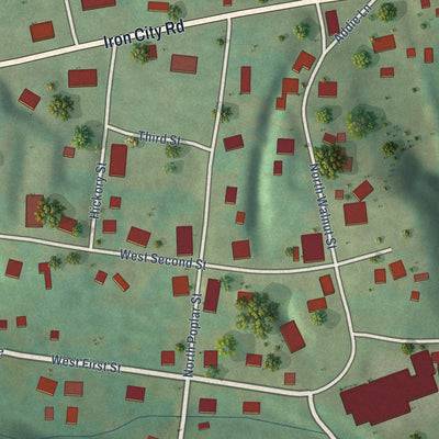Close-up of the map of Iron City, Tennessee print showing street and building detail