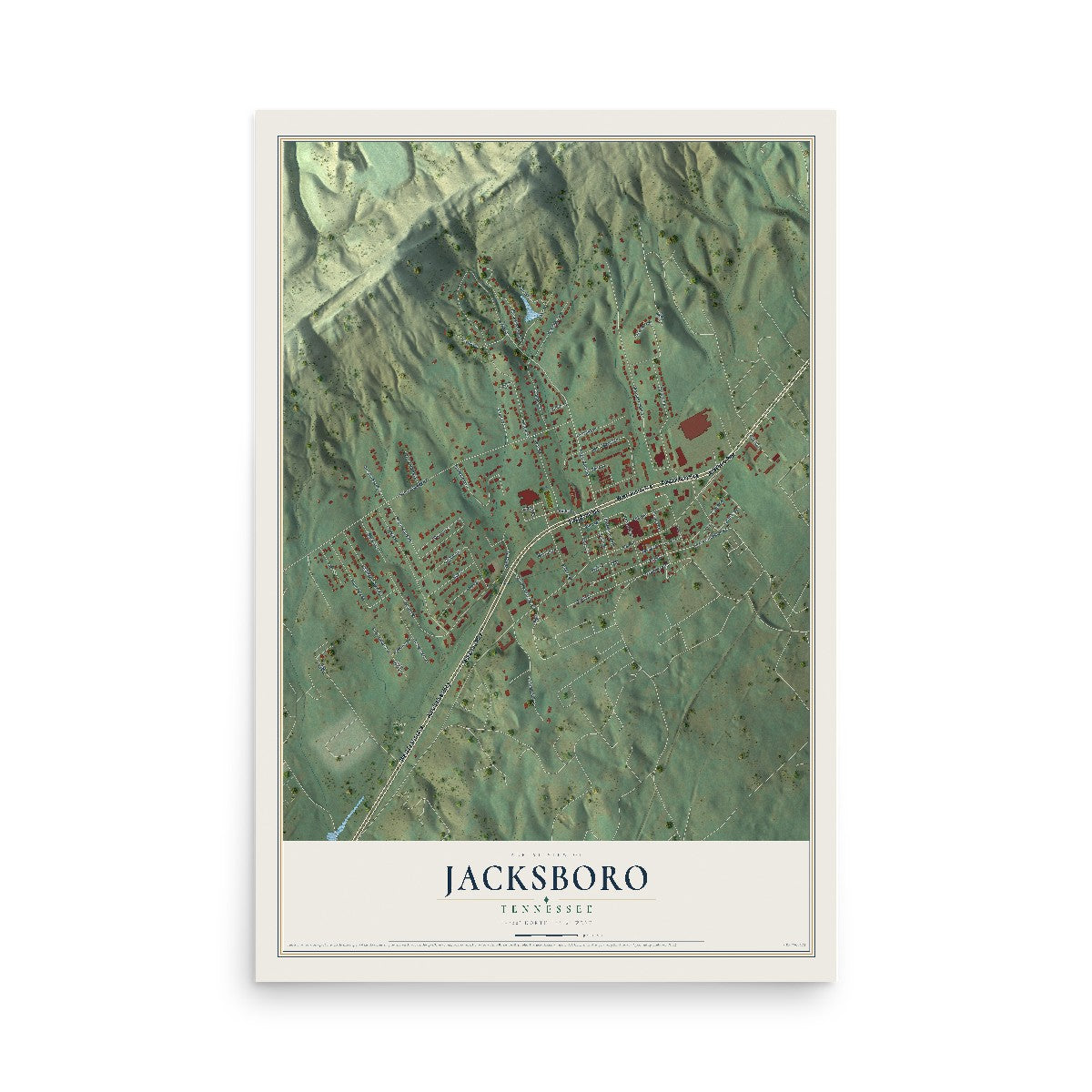 Map of Jacksboro, Tennessee, 12 x 18 inch unframed archival matte print