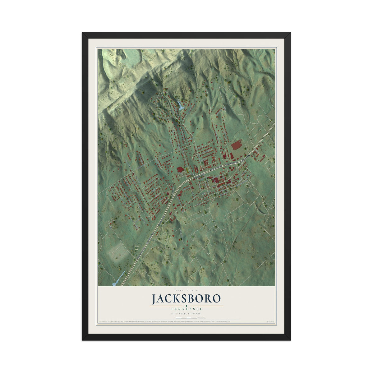 Map of Jacksboro, Tennessee, 12 x 18 inch print in a black wood frame