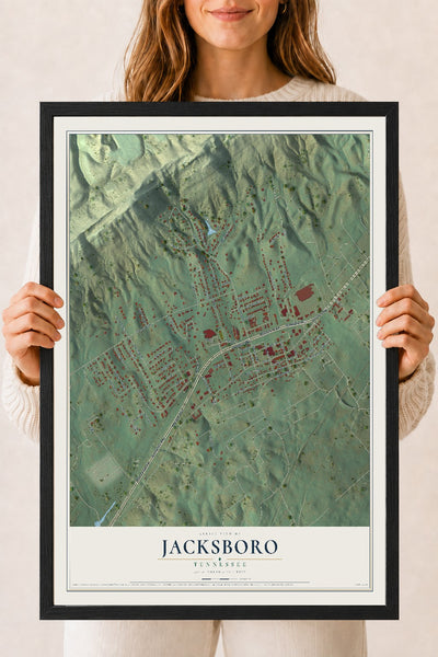 Map of Jacksboro, Tennessee, 18 x 24 inch print in a black wood frame