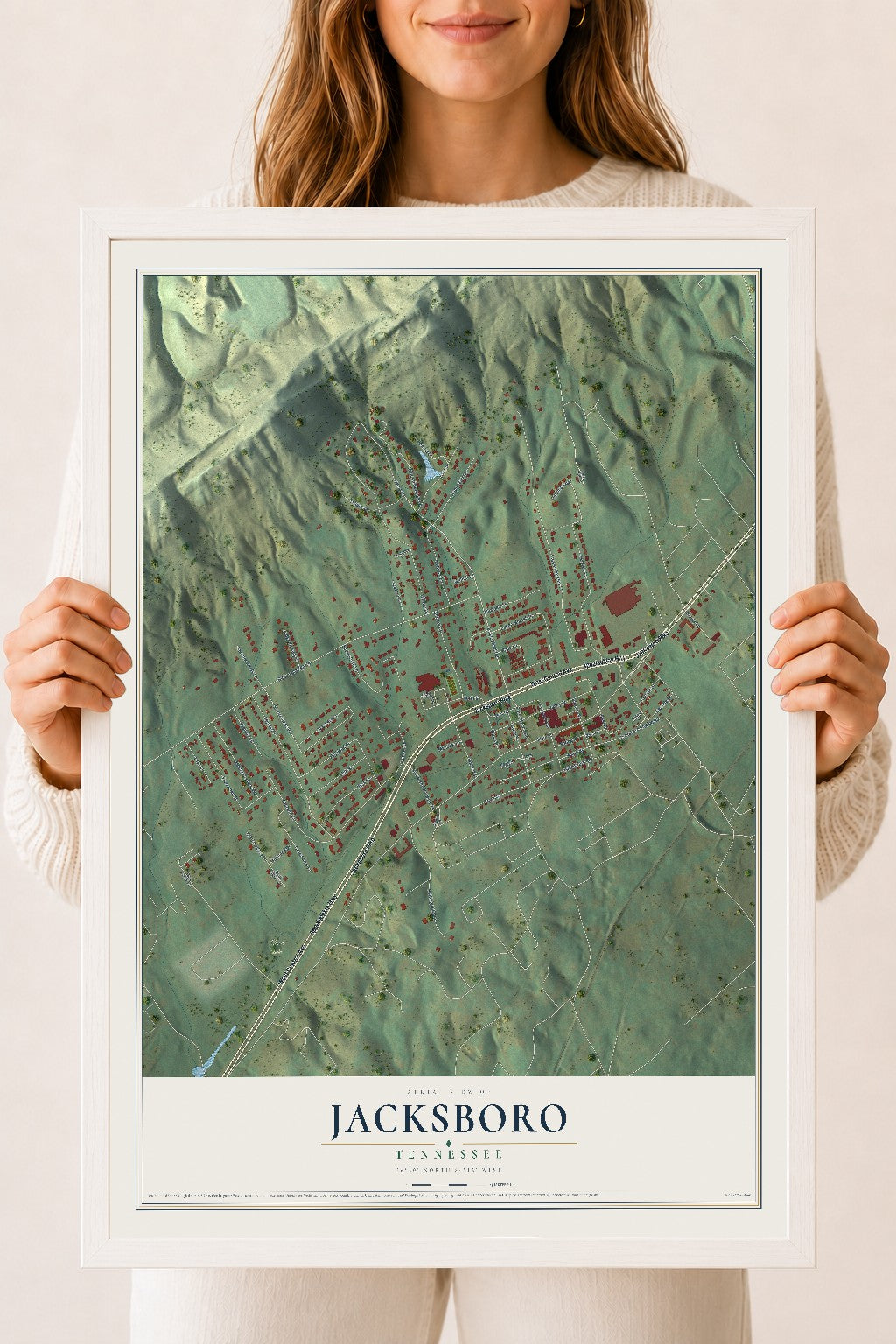 Map of Jacksboro, Tennessee, 18 x 24 inch print in a white wood frame