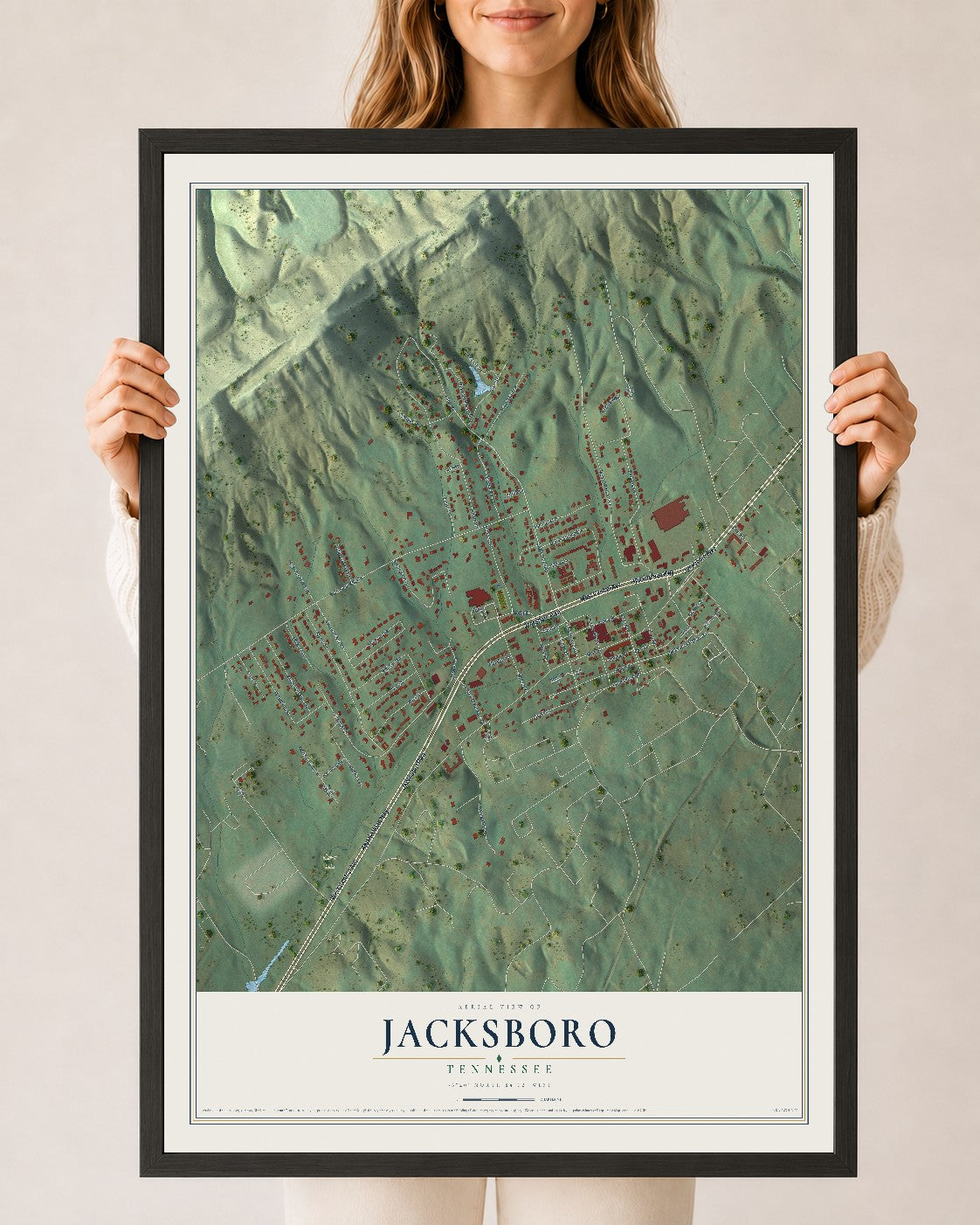 Map of Jacksboro, Tennessee, 24 x 36 inch print in a black wood frame