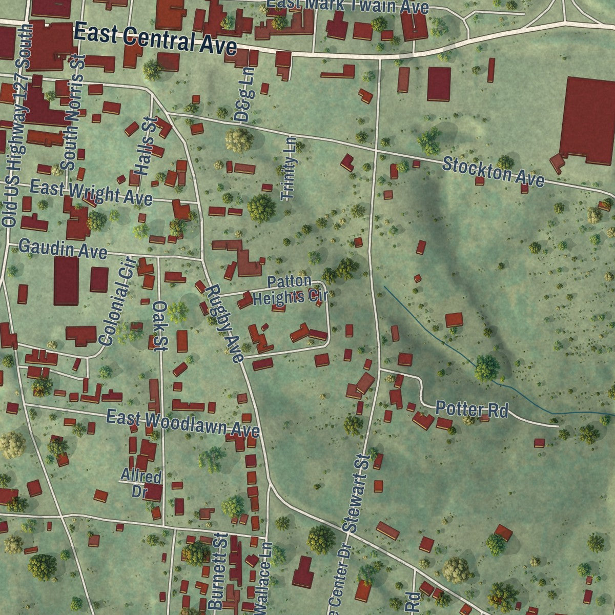 Close-up of the map of Jamestown, Tennessee print showing street and building detail