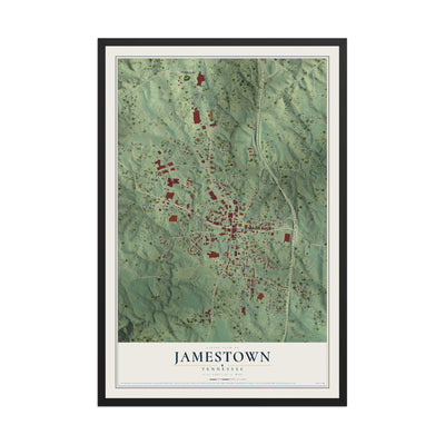 Map of Jamestown, Tennessee, 12 x 18 inch print in a black wood frame