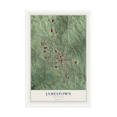 Map of Jamestown, Tennessee, 12 x 18 inch print in a white wood frame