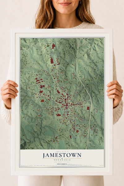 Map of Jamestown, Tennessee, 18 x 24 inch print in a white wood frame