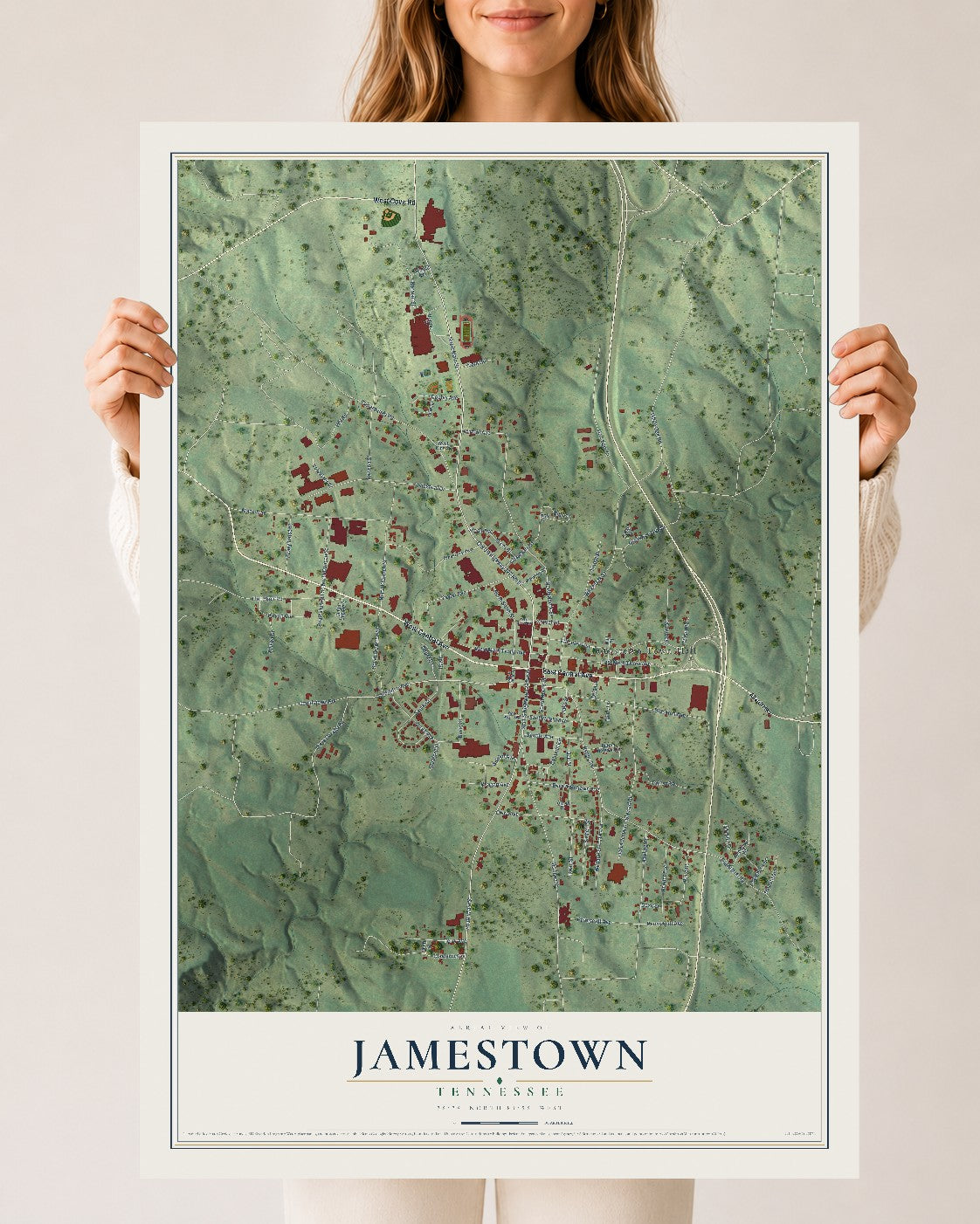 Map of Jamestown, Tennessee, 24 x 36 inch unframed archival matte print