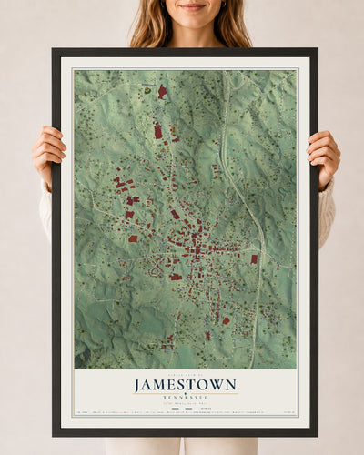 Map of Jamestown, Tennessee, 24 x 36 inch print in a black wood frame