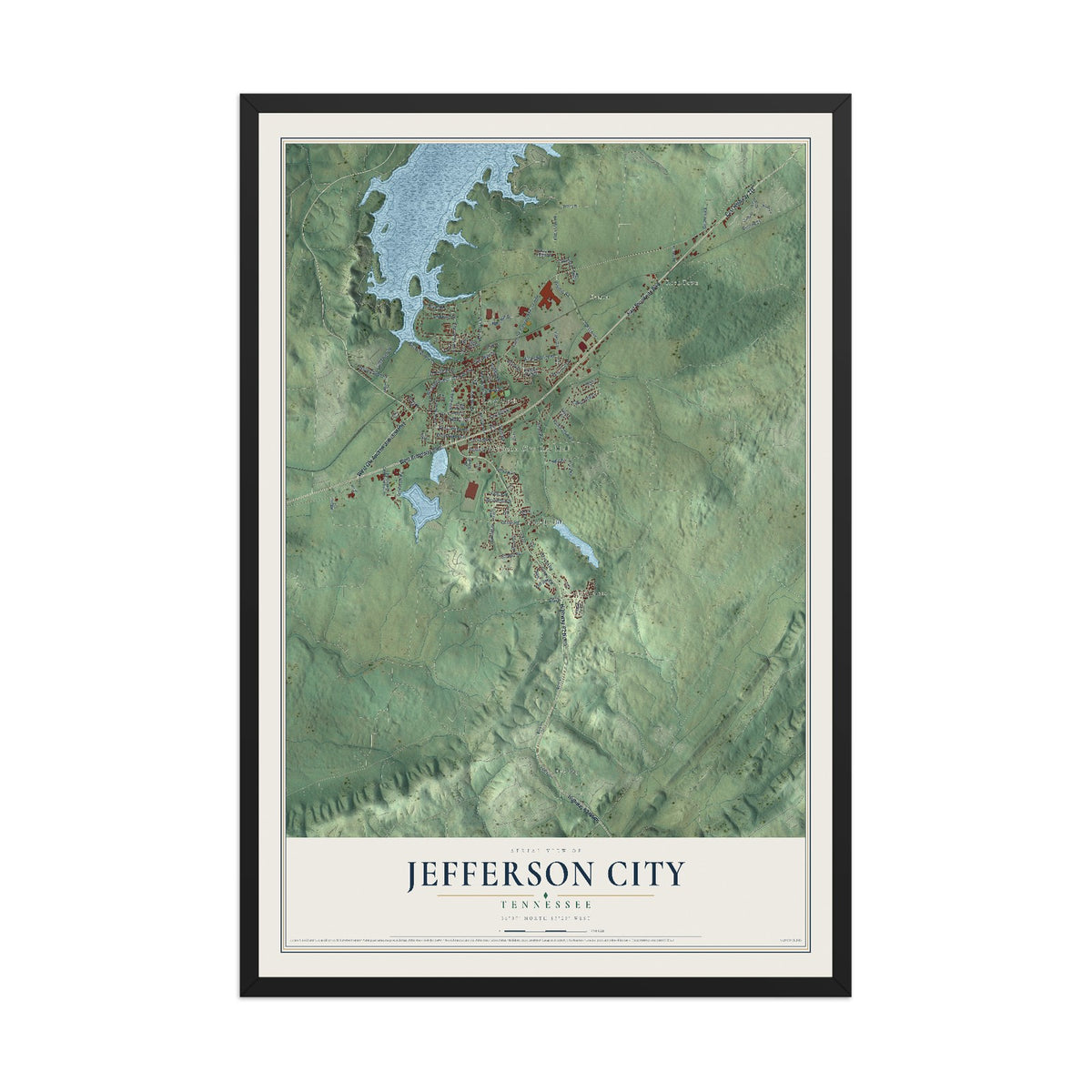 Map of Jefferson City, Tennessee, 12 x 18 inch print in a black wood frame