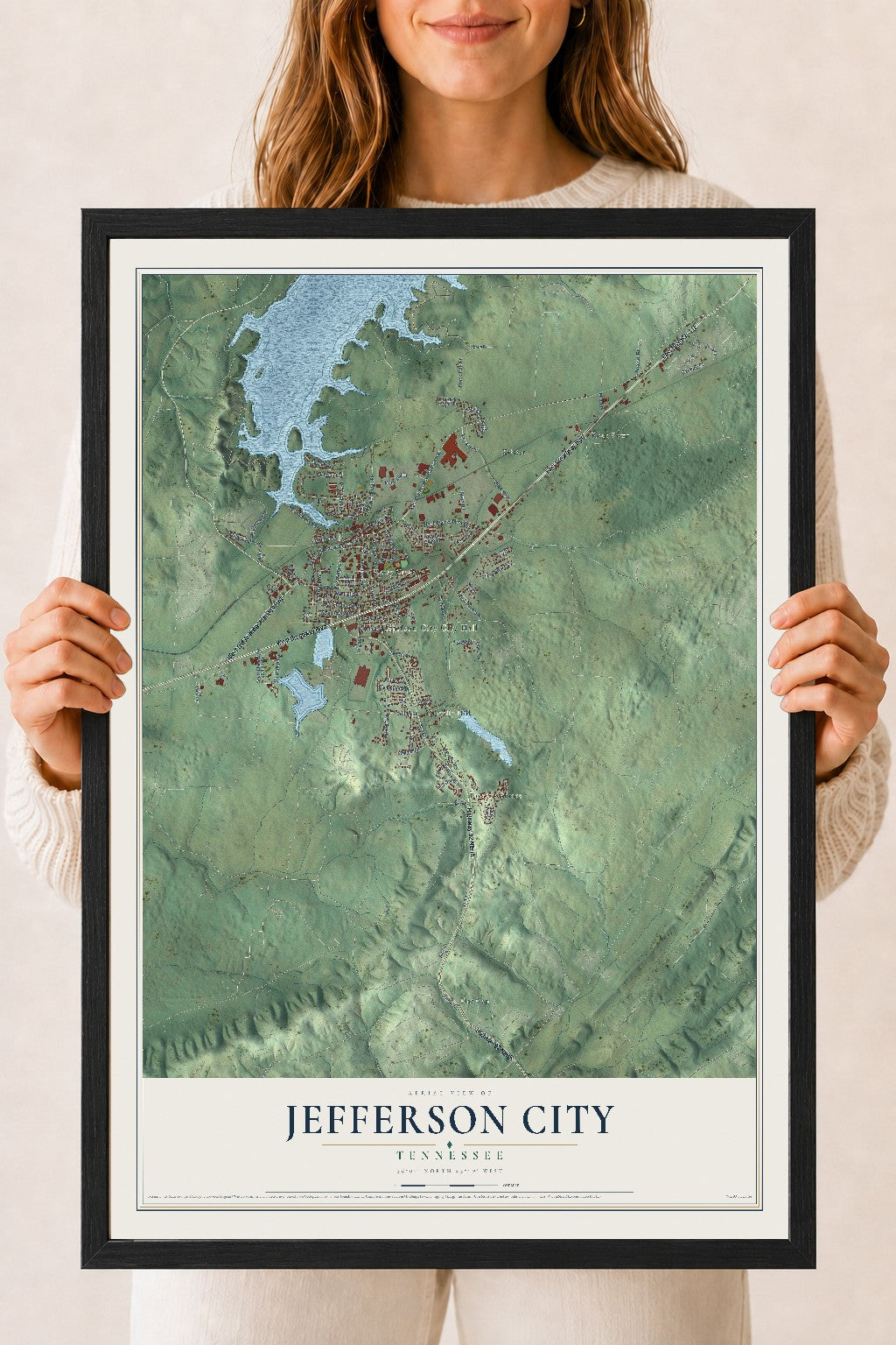 Map of Jefferson City, Tennessee, 18 x 24 inch print in a black wood frame