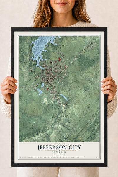 Map of Jefferson City, Tennessee, 18 x 24 inch print in a black wood frame
