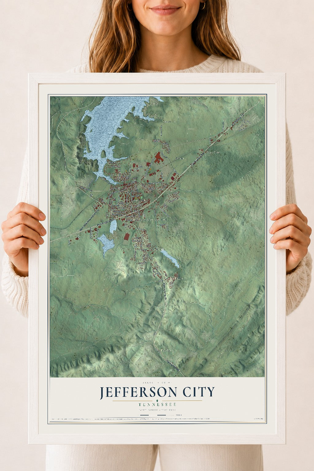 Map of Jefferson City, Tennessee, 18 x 24 inch print in a white wood frame