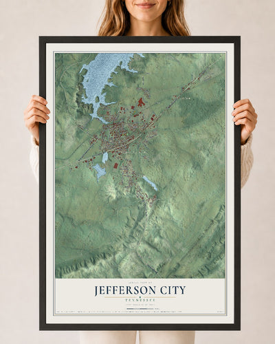 Map of Jefferson City, Tennessee, 24 x 36 inch print in a black wood frame