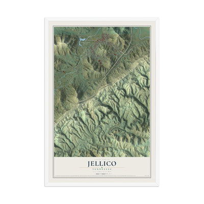 Map of Jellico, Tennessee, 12 x 18 inch print in a white wood frame