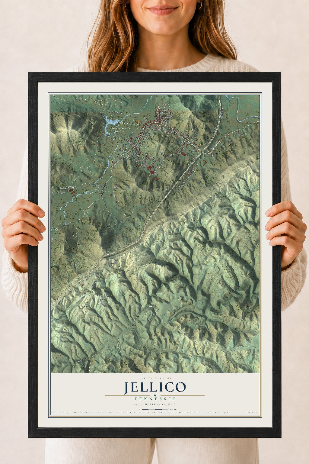 Map of Jellico, Tennessee, 18 x 24 inch print in a black wood frame