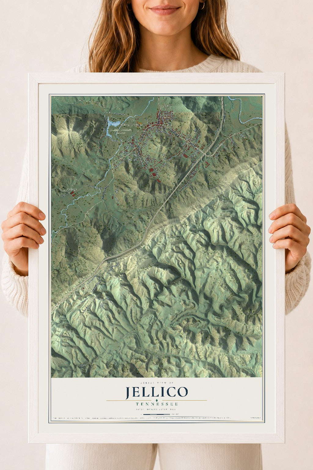 Map of Jellico, Tennessee, 18 x 24 inch print in a white wood frame