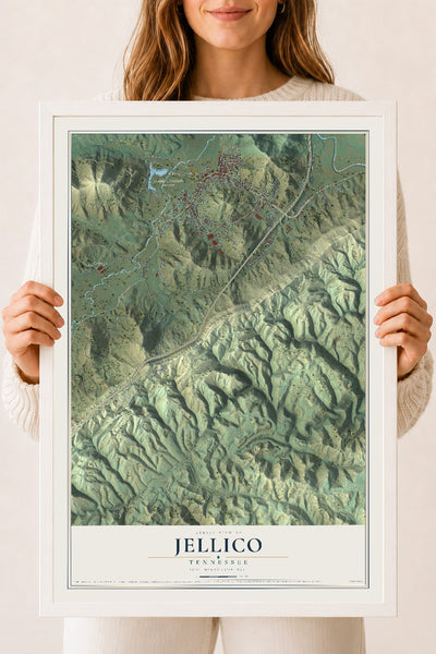 Map of Jellico, Tennessee, 18 x 24 inch print in a white wood frame