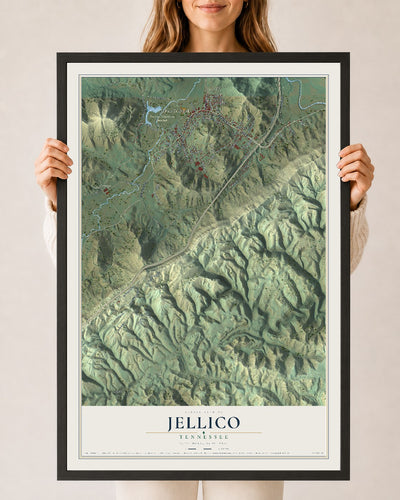 Map of Jellico, Tennessee, 24 x 36 inch print in a black wood frame