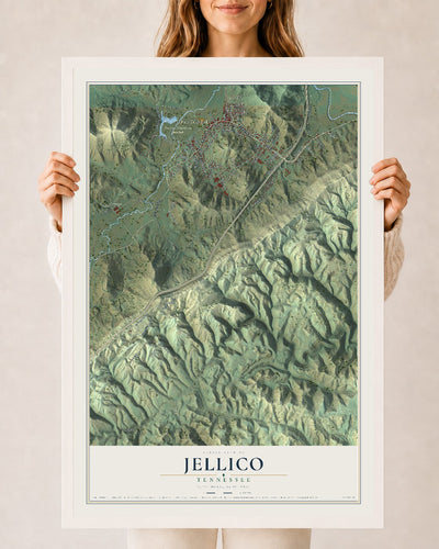 Map of Jellico, Tennessee, 24 x 36 inch print in a white wood frame