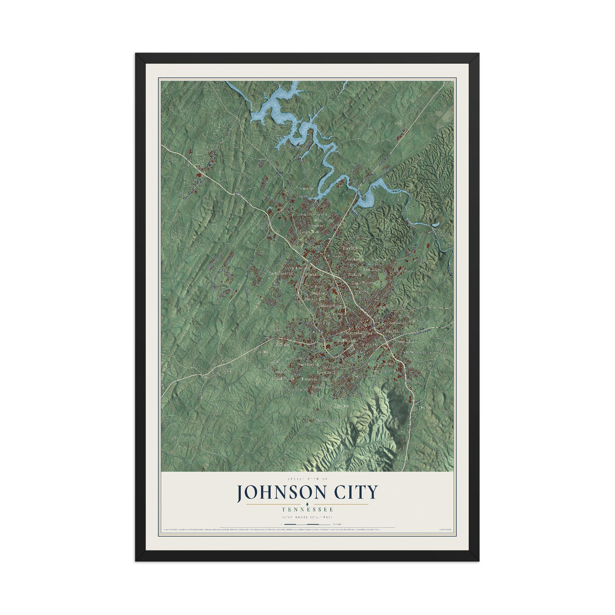 Map of Johnson City, Tennessee, 12 x 18 inch print in a black wood frame
