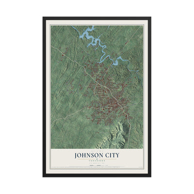 Map of Johnson City, Tennessee, 12 x 18 inch print in a black wood frame