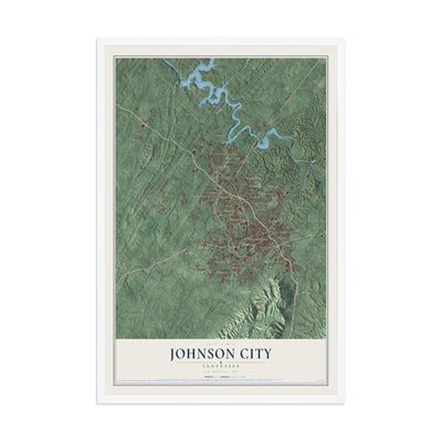 Map of Johnson City, Tennessee, 12 x 18 inch print in a white wood frame