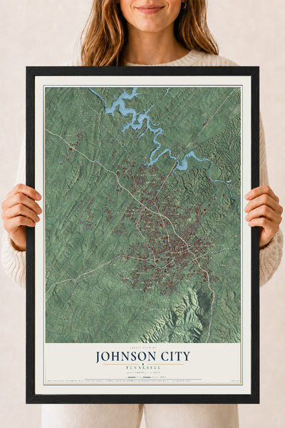 Map of Johnson City, Tennessee, 18 x 24 inch print in a black wood frame